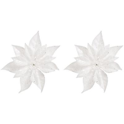 Cosy & Trendy Kerstboomversiering - 2x - bloem - op clip - witte kerstster - 18 cm