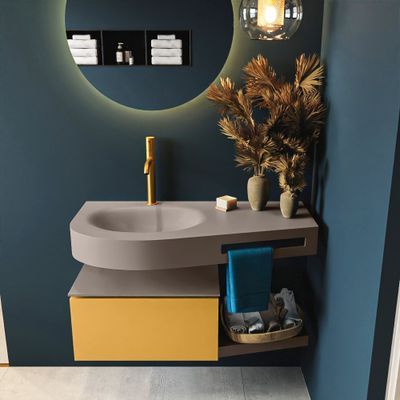 MONDIAZ RIVA 100cm badmeubel onderkast / planchet kleur Ocher met 1 lade. Wastafel DULCET links 1 kraangat kleur Smoke.