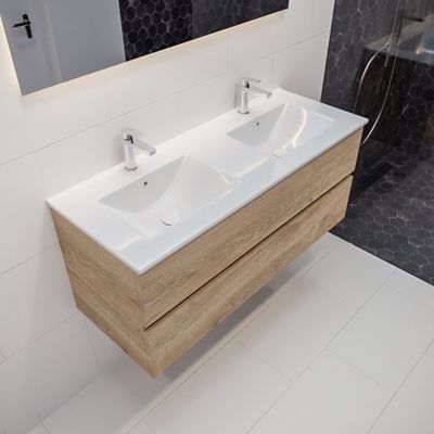 Mondiaz Vica Denia badmeubel eiken licht 120 cm 2 lades keramiek dubbele spoelbak 2 kraangaten