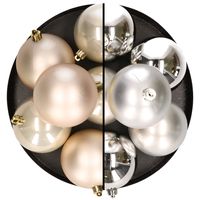 12x stuks kunststof kerstballen 8 cm mix van zilver en champagne   -