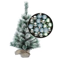 Besneeuwde mini kerstboom/kunst kerstboom 35 cm met kerstballen mintgroen   -