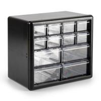 Sorteerbakjes spijkers/schroeven - 12x lades - 26 x 16 x 23 cm - opbergkastjes - ophangbaar - zwart Sorteerbakjes spijkers/schroeven - 12x lades - 26 x 16 x 23 cm - opbergkastjes - ophangbaar - zwart