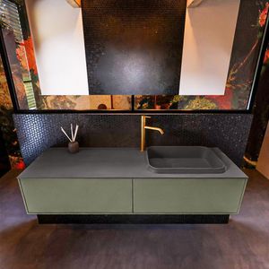 Badkamermeubelset Mondiaz Erin 150 cm met 2 Lades met RIDGE Wastafel Rechts Dark grey met 1 kraangat Greeploos Mat Army