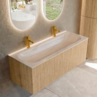 Badmeubel Mondiaz Kurve-Dlux | 120 cm | Meubelkleur Oak | Wastafelkleur Meli | Solid surface | Wasbak midden spoelbak | 2 kraangaten