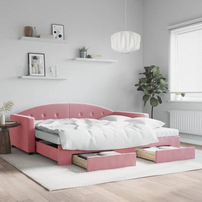 Slaapbank met onderschuifbed en lades 100x200 cm fluweel roze