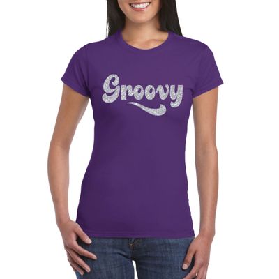 Paars Flower Power t-shirt Groovy met zilveren letters dames
