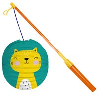 Bol lampion kat/poes - blauw - 22 cm - papier - met lampionstokje - 40 cm