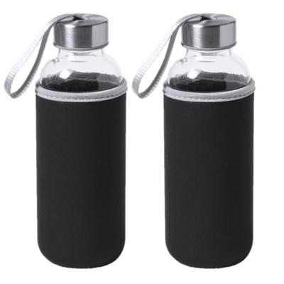 Waterfles/drinkfles Bidon - 2x - met softshell bescherm hoes - zwart - glas - 420 ml - Sportfles