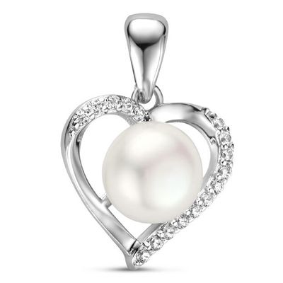 Hanger Hart zilver-zoetwaterparel-zirconia wit 8 mm