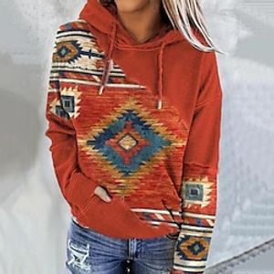 Dames Sweatshirt met capuchon Stoppen Geometrisch Wijnoogst Etnisch Straat Casual Voorvak Rood blauw Groen Vintage Etnisch Neon en helder Capuchon Lange mouw Bovenkleding Micro-elastisch Herfst winter Lightinthebox