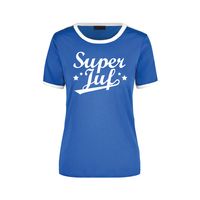 Super juf cadeau ringer t-shirt blauw met witte randjes voor dames - Einde schooljaar/juffendag cadeau XL  - - thumbnail