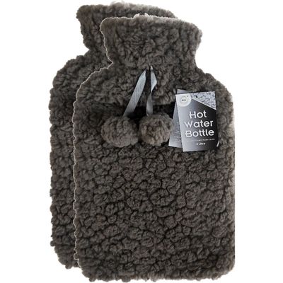 Warmwaterkruik - 2x - met zachte pluche hoes - donkergrijs - 2L - kruik