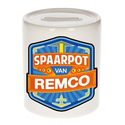 Kinder spaarpot met naam - Remco - keramiek - met dop - wit - Sparen - Spaargeld van Remco