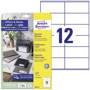 Avery-Zweckform 3424-10 Universele etiketten 105 x 48 mm Papier Wit 120 stuk(s) Permanent hechtend Laser (kleur), Laser (zwart/wit)