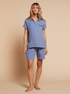 Pyjama short dames zwangerschap borstvoeding chambrayblauw