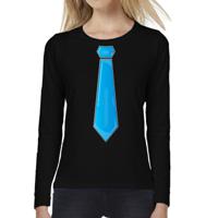 Verkleed shirt voor dames - stropdas blauw - zwart - carnaval - foute party - longsleeve - thumbnail