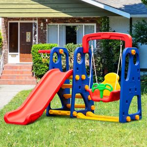 3-In-1 Kleuter Glijbaan Klimmer met een Stevige Schommel een Gladde Glijbaan en een Basketbal Hoepel Glijspel voor Kinderen