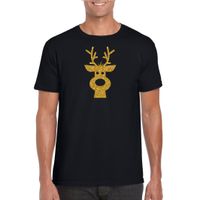 Rendier hoofd Kerst t-shirt zwart voor heren met gouden glitter bedrukking - thumbnail