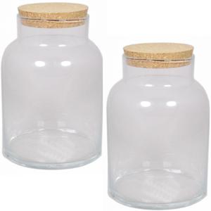 Floran terrarium vaas - 2x - glas - 8 liter - met kurk deksel - 18 x 27 cm - Plantenpot van glas