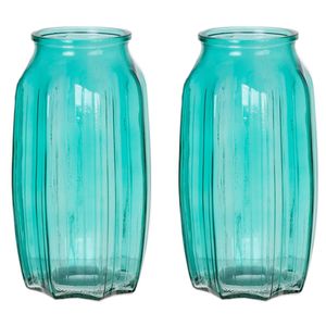 Bloemenvaas - 2x - turquoise blauw - transparant glas - D12 x H22 cm