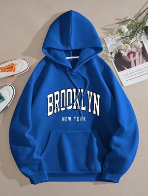 Bon&Bon Letter Graphic Thermal Hoodie | Black Long Sleeve Pullover Royal Blue / XS