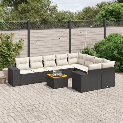 10-delige Loungeset met kussens poly rattan zwart