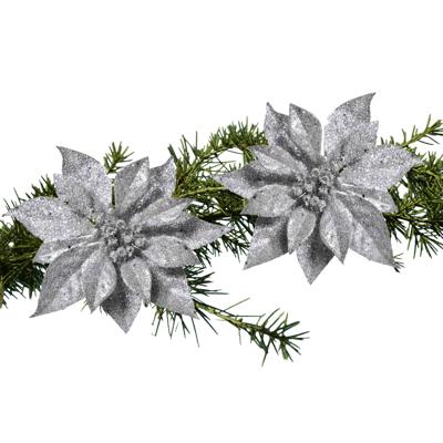 Cosy & Trendy Kerstboomversiering - 2x - bloem - op clip - zilveren kerstster - 18 cm