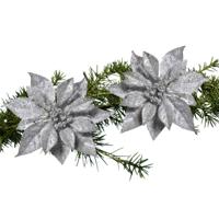 Cosy & Trendy Kerstboomversiering - 2x - bloem - op clip - zilveren kerstster - 18 cm