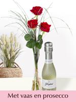 Drie rode rozen inclusief vaas en prosecco 0,2l