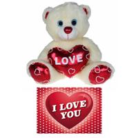 Kruger Pluche knuffelbeer - 30 cm - wit/rood - Valentijn Love hartje - hartjes wenskaart