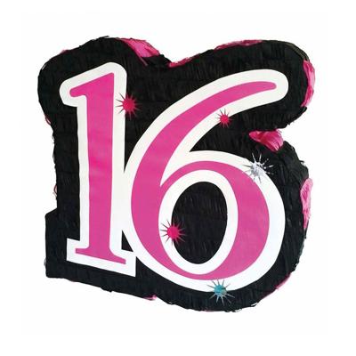 Pinata voor Sweet 16 - papier - 45 x 45 cm - zwart/roze - verjaardag feestartikelen - sixteen
