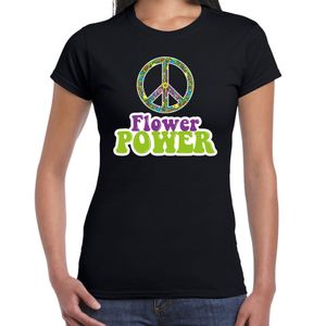 Jaren 60 Flower Power verkleed shirt zwart met groen en paars dames