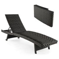 Inklapbare Gestoffeerde Rotan Chaise Longue Rugleuning Verstelbaar op 5 Niveaus Achterwielen Versterkt Metalen Frame Ligstoel voor Buiten