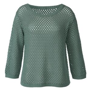 Ajour gebreide pullover van bio-katoen met ronde hals, zeegras Maat: 36/38