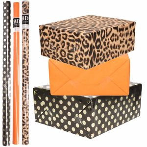 9x Rollen kraft inpakpapier/folie pakket - panterprint/oranje/zwart met gouden stippen 200x70 cm - Cadeaupapier