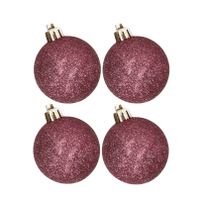 4x stuks kunststof glitter kerstballen aubergine roze 10 cm