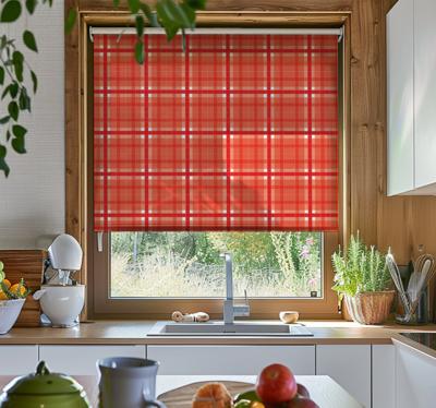Rood ginghampatroon raambekleding keuken