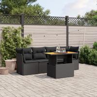 5-delige Loungeset met kussens poly rattan zwart