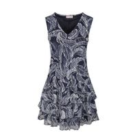 Cassis jurk met bladprint en volant donkerblauw - thumbnail