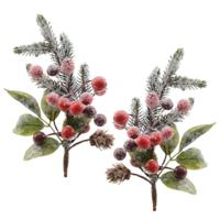 Kerststukje instekertjes - 2x - bessen/sneeuw - groen/rood - 20 cm