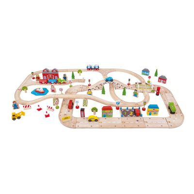 Bigjigs houten treinbaan en autobaan set, 105dlg.