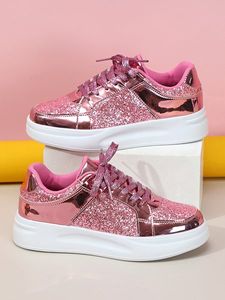 Women Fashion Glitter Paneled Lace-Up Skate Shoes