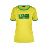 Brasil supporter ringer t-shirt geel met groene randjes voor dames - Brazilie supporter kleding XL  - - thumbnail