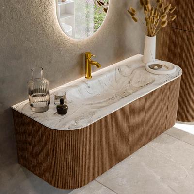 Mondiaz KURVE-DLUX 120 cm Onderkast Greeploos 1 Lade Met Deuren Walnut, Wastafel Solid Surface Midden Glace 1 Kraangat Zonder Spiegel (KRVBGS120L+R1L2D1KM-Wal/Gla)
