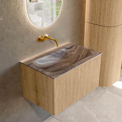 Badmeubel Mondiaz Kurve-Dlux | 70 cm | Meubelkleur Oak | Wastafelkleur Sombra | Solid surface | Wasbak midden spoelbak | Zonder kraangat(en)