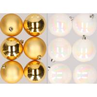 12x stuks kunststof kerstballen mix van goud en parelmoer wit 8 cm - Kerstbal - thumbnail
