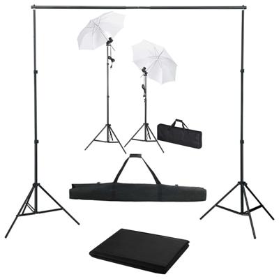 Fotostudioset met achtergrond, lampen en paraplu's