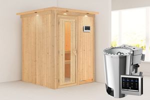 Karibu | Minja Sauna met Dakkraag | Energiesparende Deur | Biokachel 3,6 kW Externe Bediening