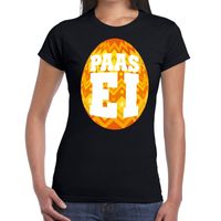 Paasei t-shirt zwart met oranje ei voor dames - thumbnail