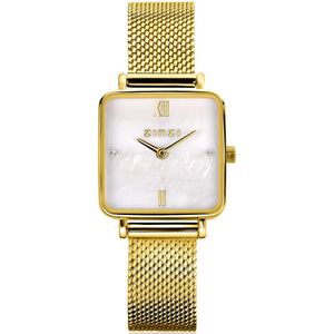 Zinzi ZIW1734 Horloge Square Mini Mesh staal-parelmoer goudkleurig-wit 22 mm + gratis armband